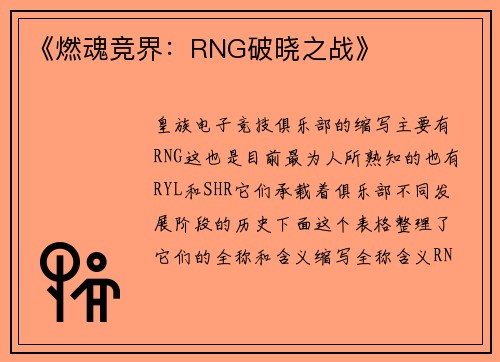 《燃魂竞界：RNG破晓之战》